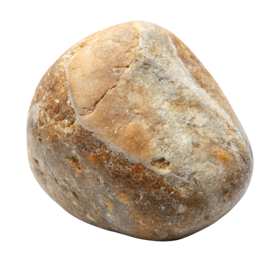 Closeup view of a single, smooth, brown and beige river rock isolated on a black background png