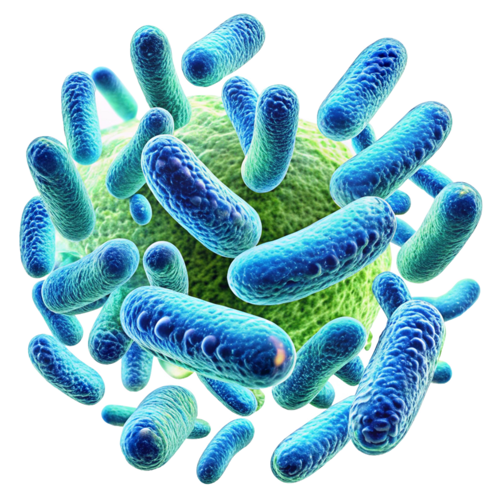 Microscopic View of RodShaped Bacteria Colony Surrounding a Green Cell png