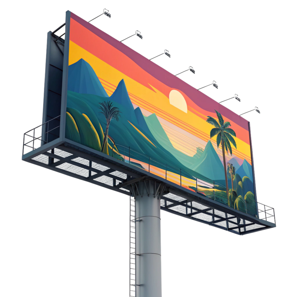 Large Outdoor Billboard Advertising Scenic Tropical Sunset Landscape with Mountains and Palm Trees png