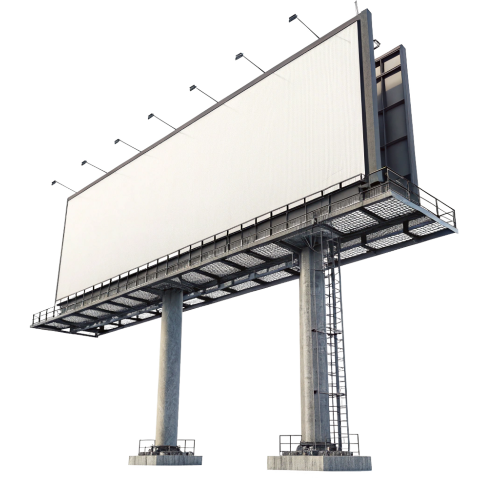 Large Blank Billboard on Tall Metal Structure with Concrete Supports and Multiple Lights png