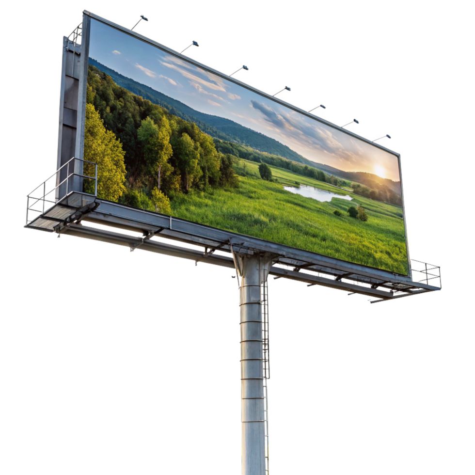 Large outdoor billboard displaying a scenic landscape image of a lush green field, forest, and lake under a sunset sky png