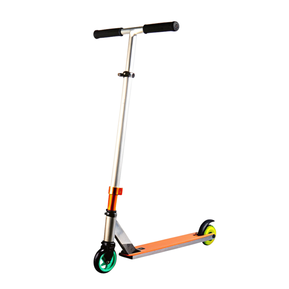 A sleek and stylish stunt scooter with an orange deck and green wheels png