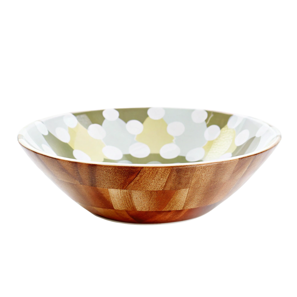 Elegant Wooden and Ceramic Serving Bowl with Abstract Dot Pattern png