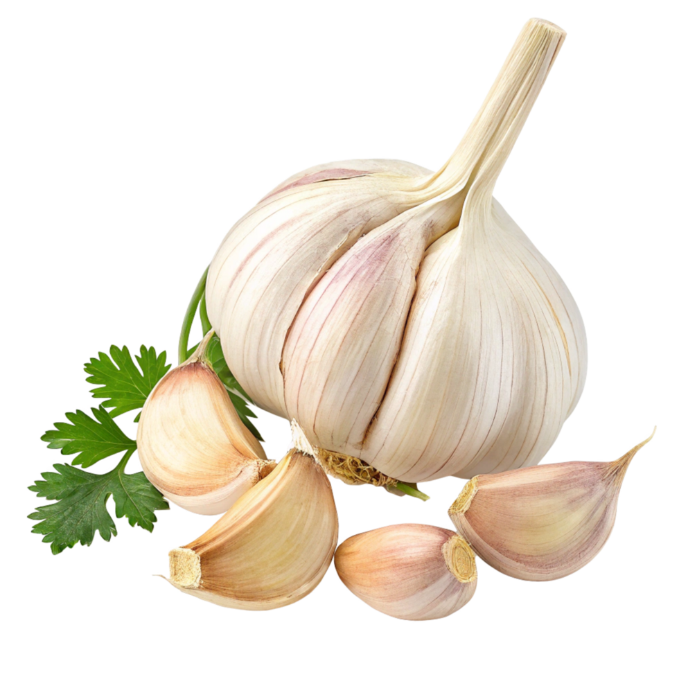 Fresh Garlic Bulb with Cloves and Parsley Sprig Isolated on Black Background png