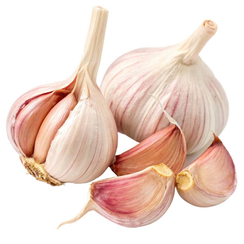 Closeup of Two Bulbs of Fresh Garlic with Separated Cloves Isolated on Black Background png