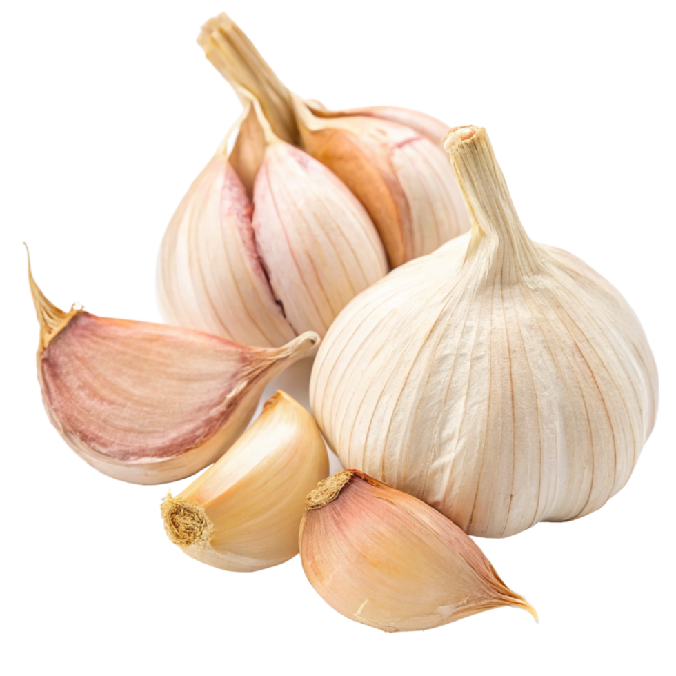 Closeup of Fresh Garlic Bulbs and Cloves Isolated on Black Background png