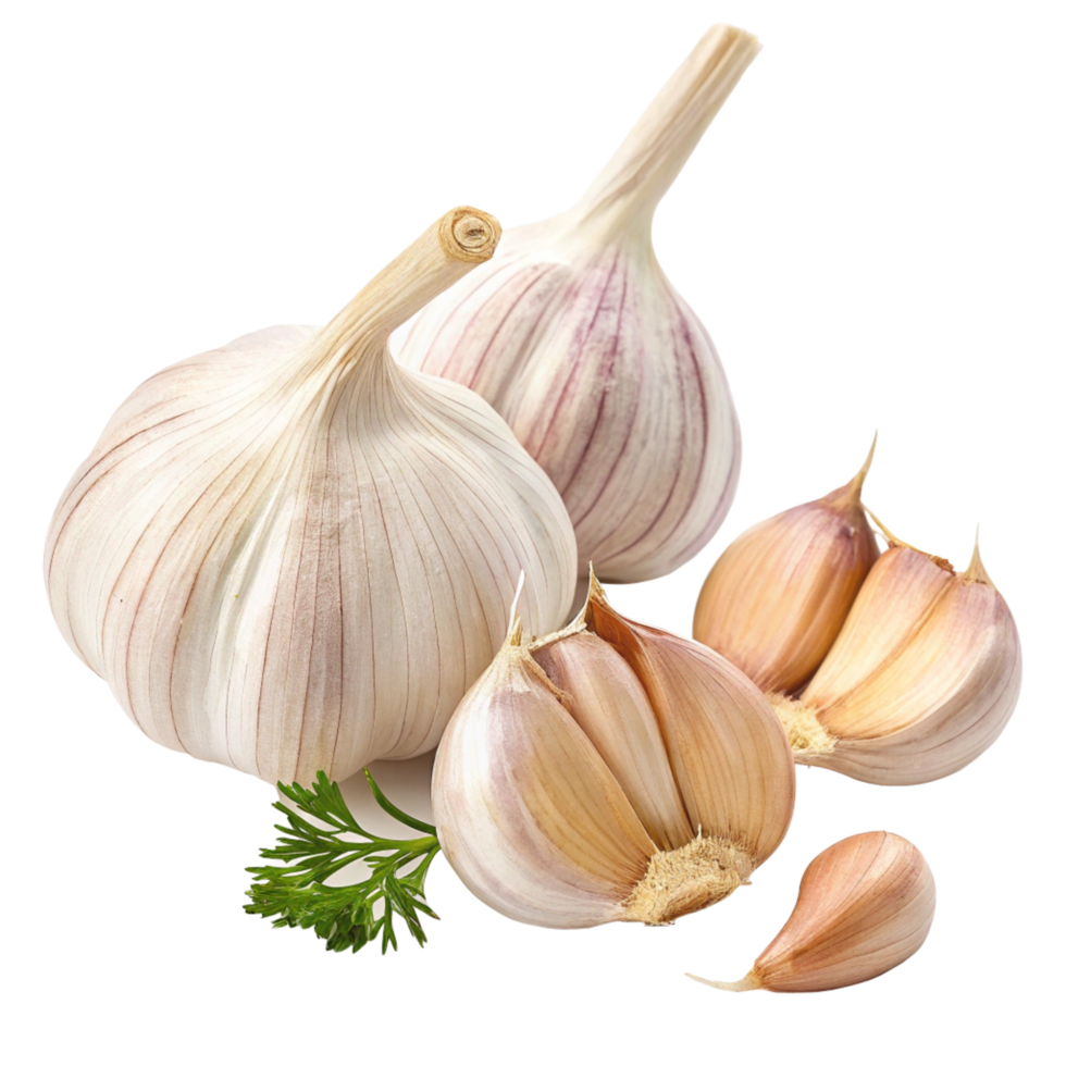 Fresh Garlic Bulbs and Cloves with Parsley Sprig Isolated on Black Background png