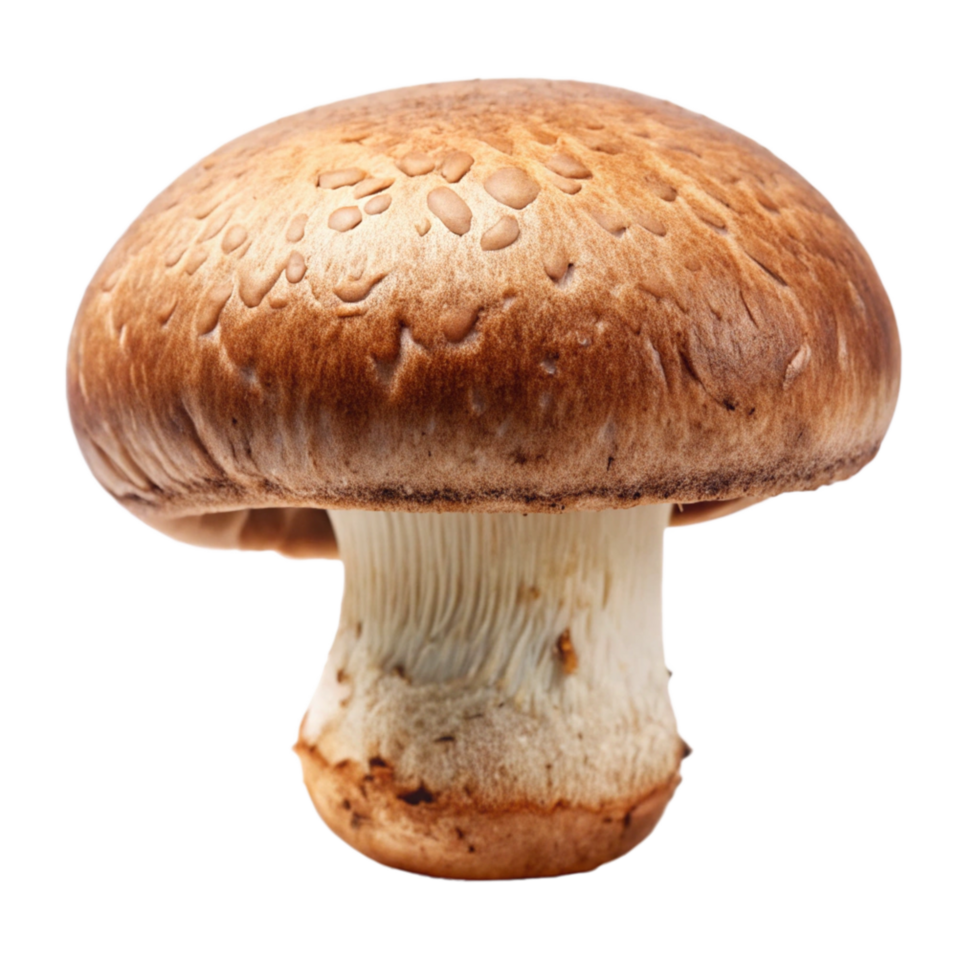 A Single Brown Mushroom with Water Droplets on its Cap Isolated on Black Background png