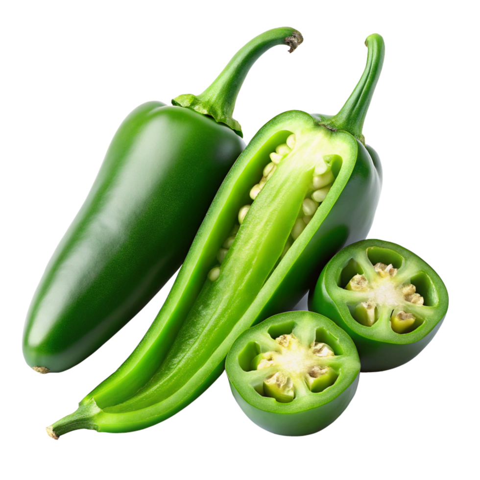 Closeup of vibrant green jalapeno peppers isolated on black background showing whole pepper and sliced halves png