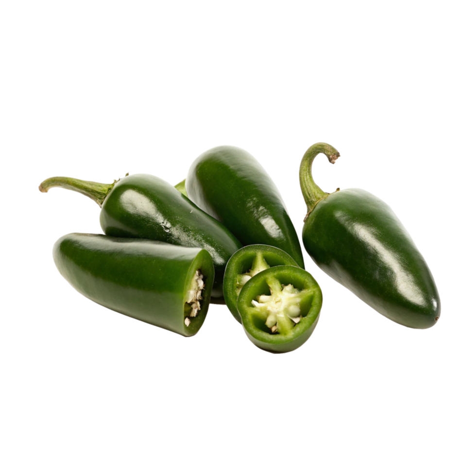 Closeup of Fresh Green Jalapeno Peppers Sliced and Whole Against Black Background png