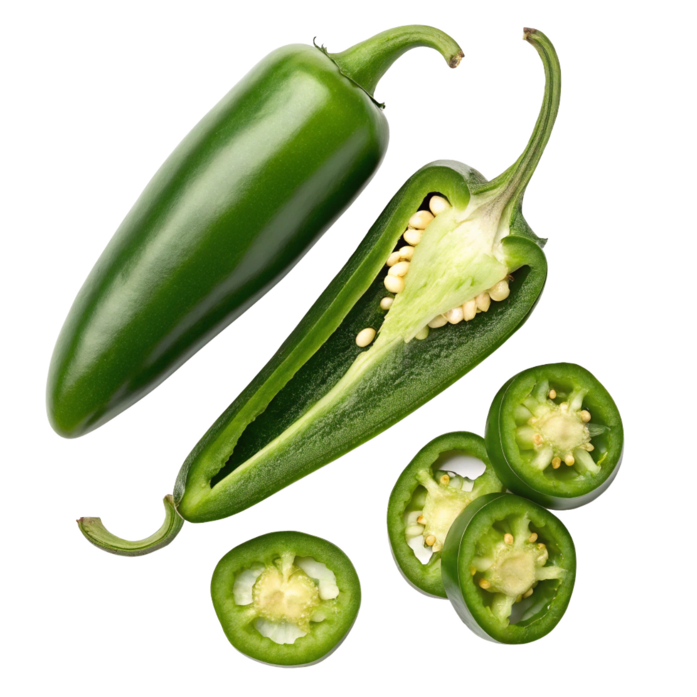 Closeup of vibrant green jalapeno peppers one whole one halved and three slices showing seeds and texture png