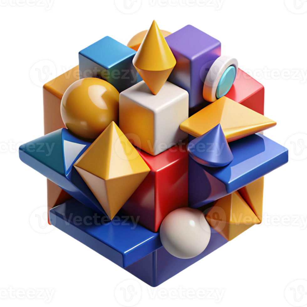 serene creative A dynamic composition of fragmented, geometric shapes, with bold, contrasting colors and sharp edges, in a cubist, abstract style detailed png