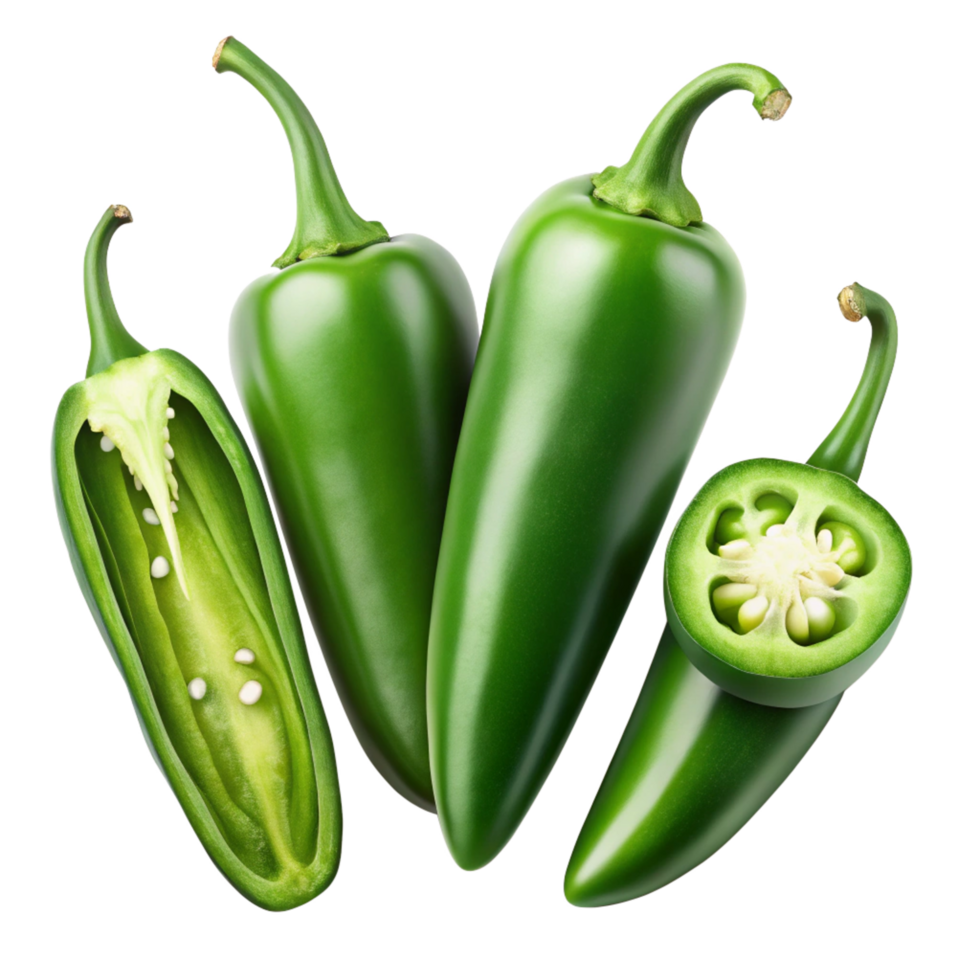 Vibrant Green Jalapeno Peppers Isolated on Black Background, Showing Whole and Halved png