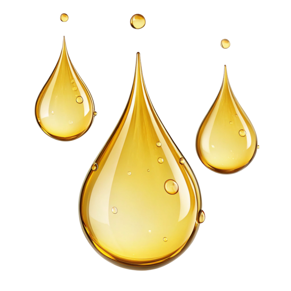 Three Golden Oil Drops Falling on Black Background Showing Translucence and Bubbles png