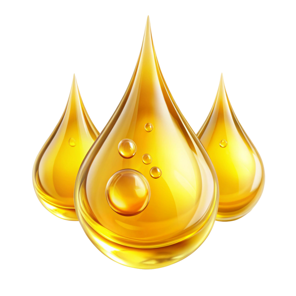 Three Golden Oil Drops with Bubbles on Black Background Illustration png