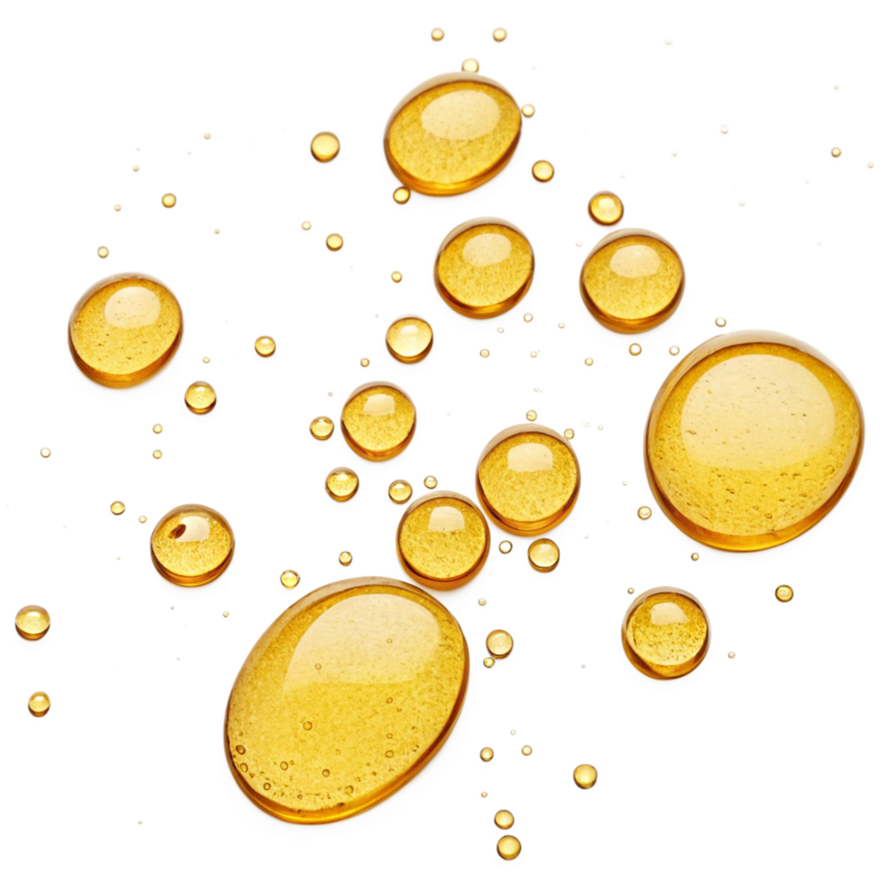 Golden Oil Droplets Floating in the Air on Black Background Abstract Texture of Liquid Bubbles png