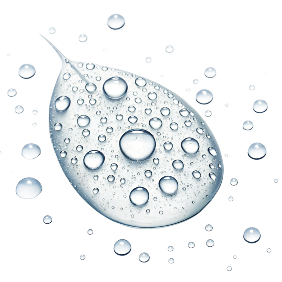 Water Droplets on a Leaf Shaped Surface with Surrounding Water Droplets png