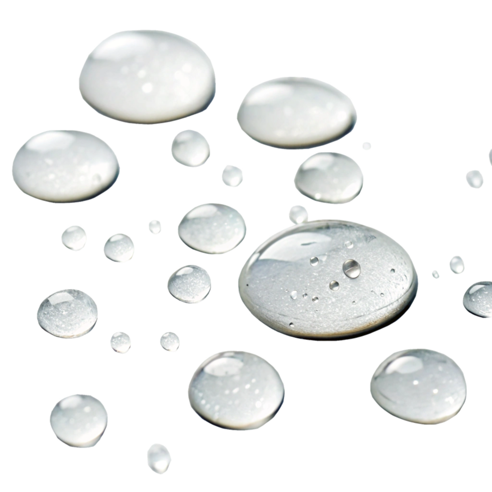 Closeup of multiple water droplets on a dark background showing texture and light reflection png
