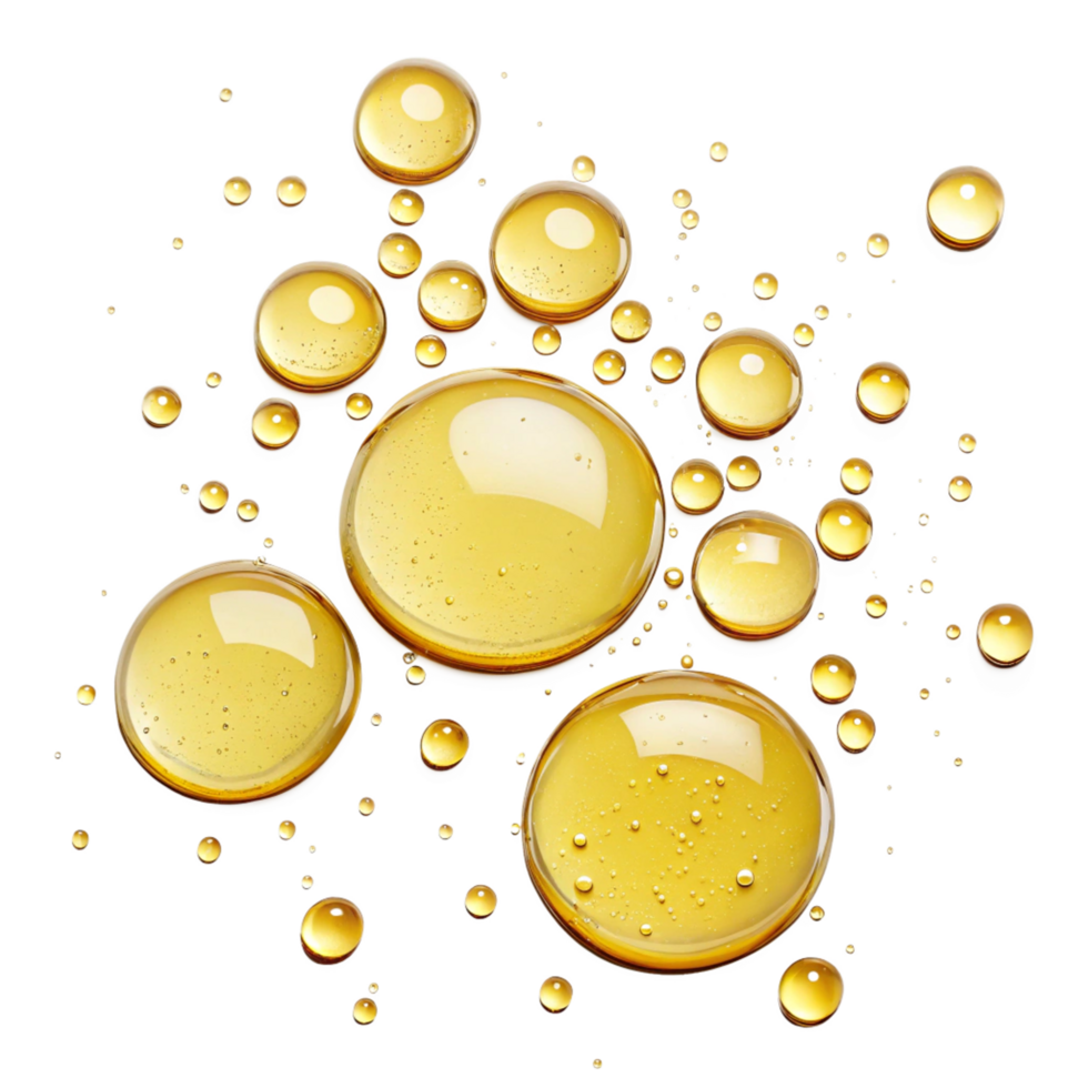 Abstract image of golden oil drops floating on a black background, showcasing texture and fluidity png