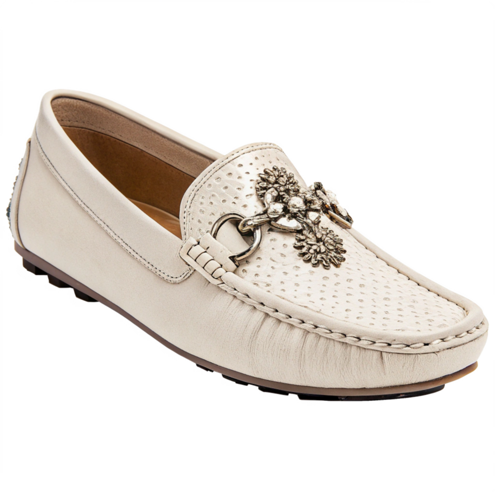 Elegant Womens Off White Leather Loafers with Rhinestone Detail png