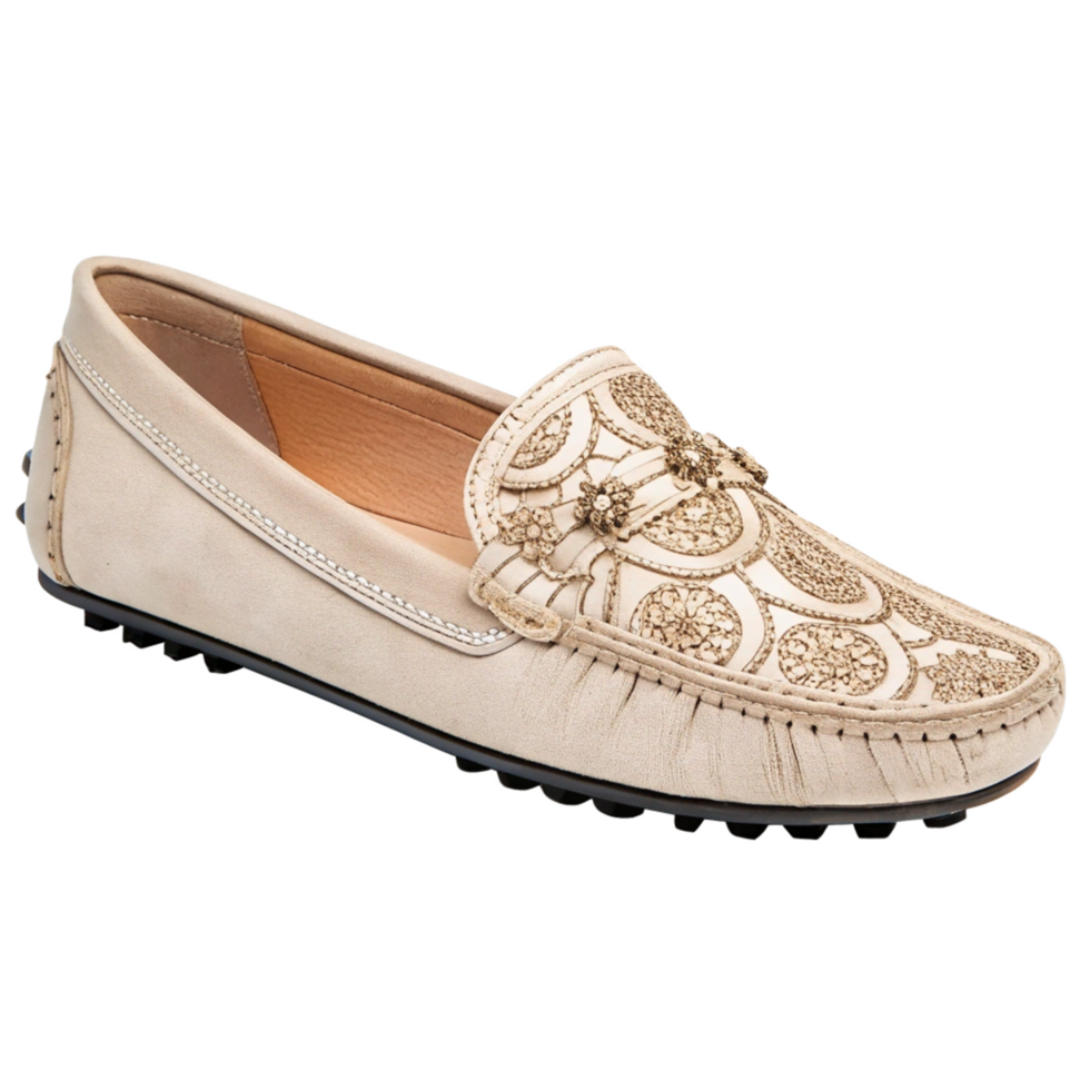 Elegant Beige Women's Embroidered Leather Loafers Comfortable Slip On Flats Casual Shoes png