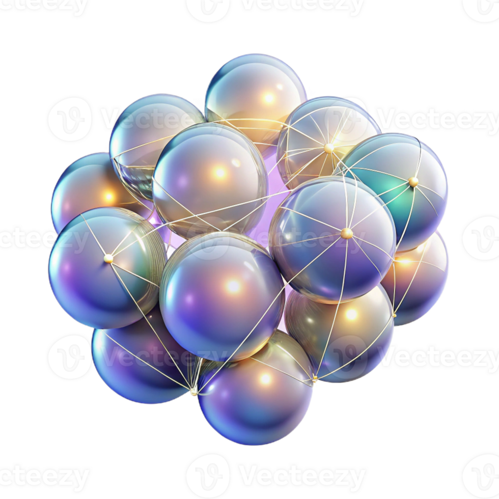 elegant classic A cluster of floating, iridescent orbs, connected by thin, glowing lines, illuminated by a soft, ethereal light authentic png