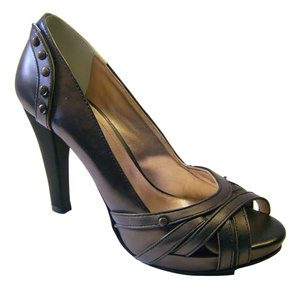 Elegant Dark Brown Leather High Heel Peep Toe Pump with Metal Studs png