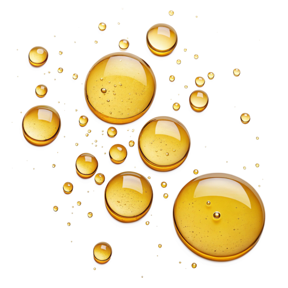 Abstract image of golden yellow oil drops floating on a black background showing various sizes and shapes of the droplets png
