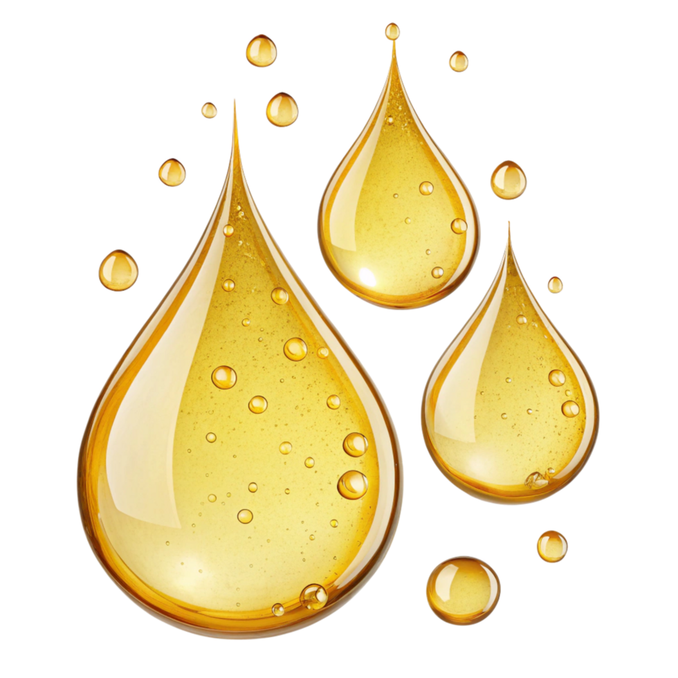 Golden Oil Droplets Falling on Black Background Shiny and Viscous Liquid Texture png