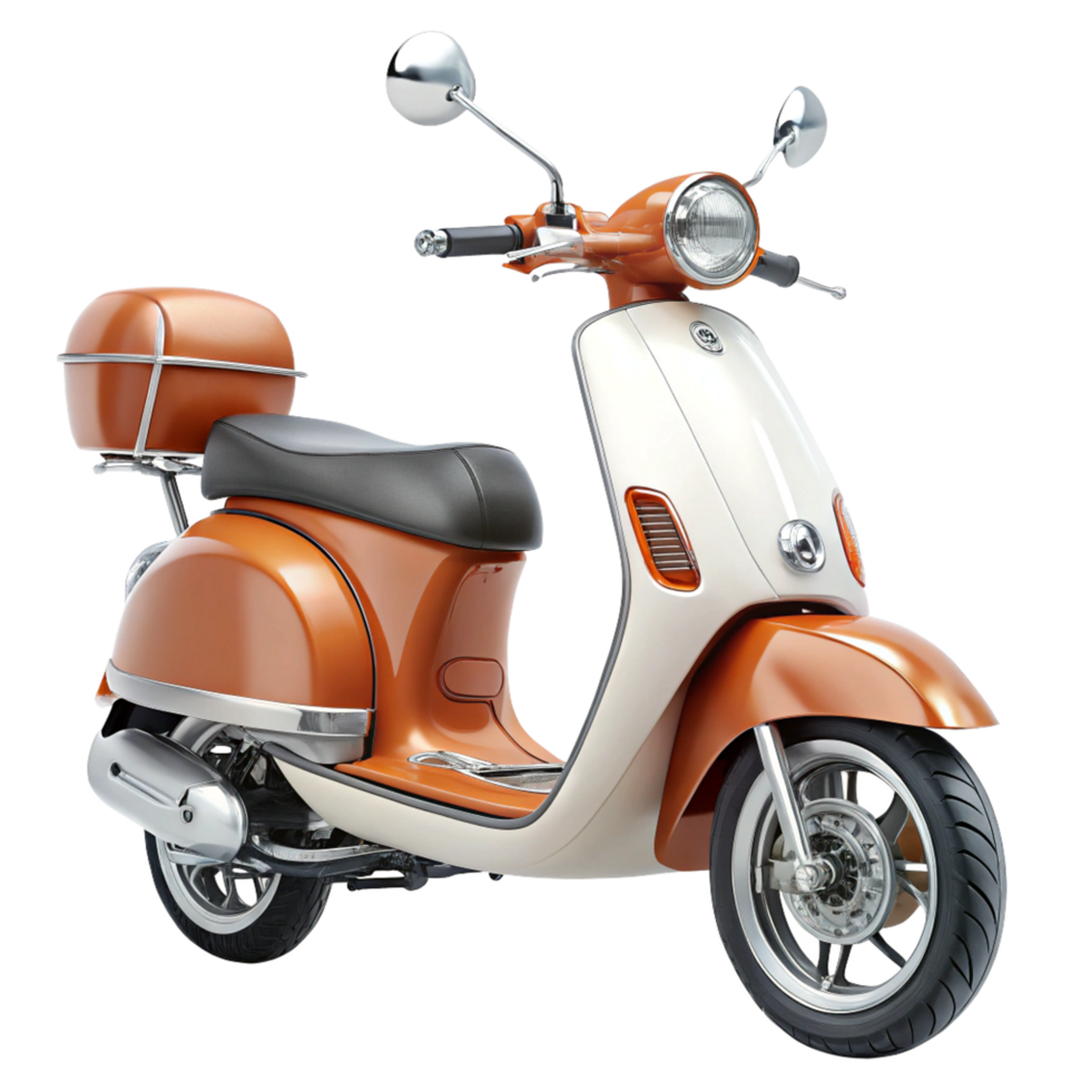Stylish Retro Scooter with Orange and White Color Scheme and Chrome Accents png