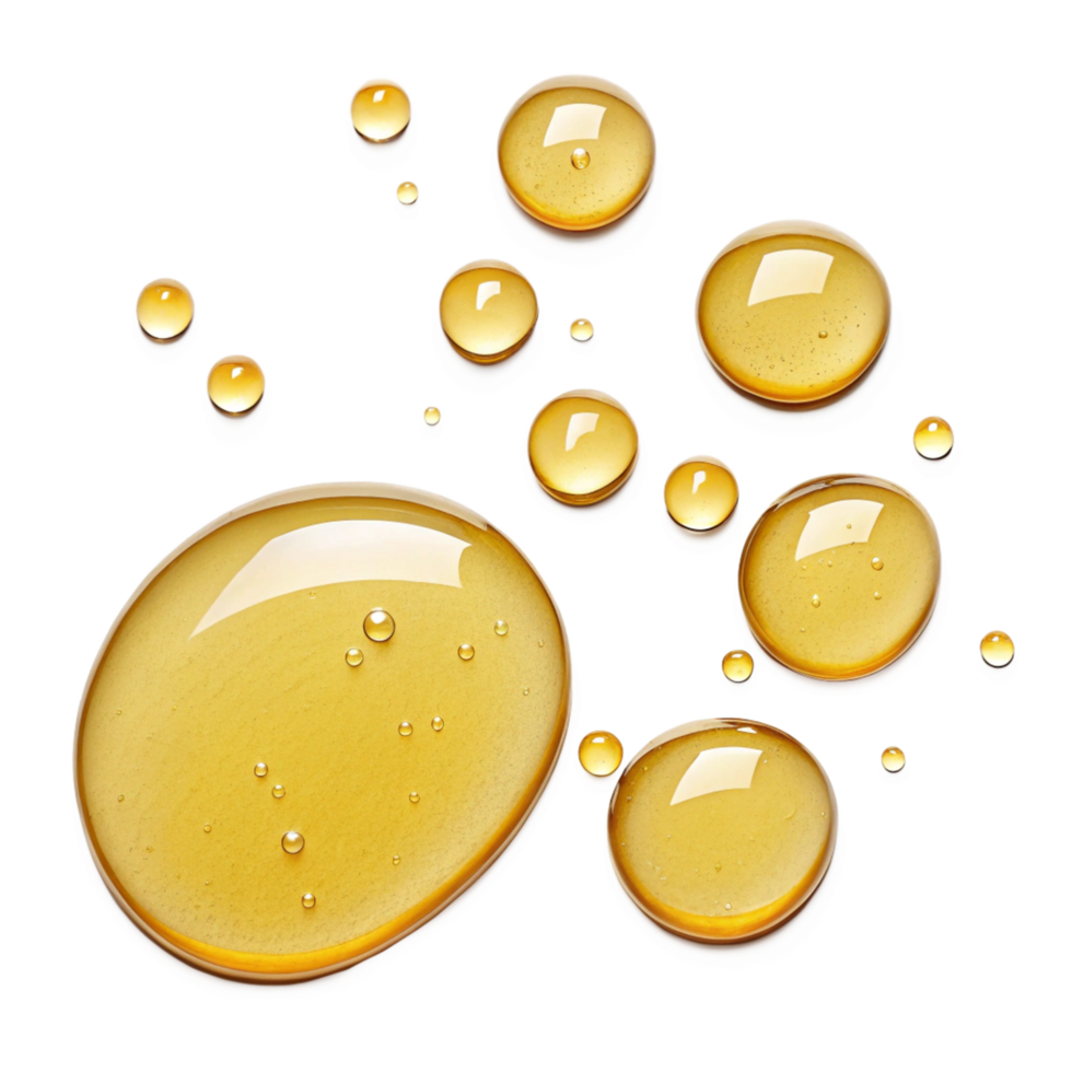 Golden Yellow Liquid Droplets and Splashes on Black Background Beauty Serum Texture png
