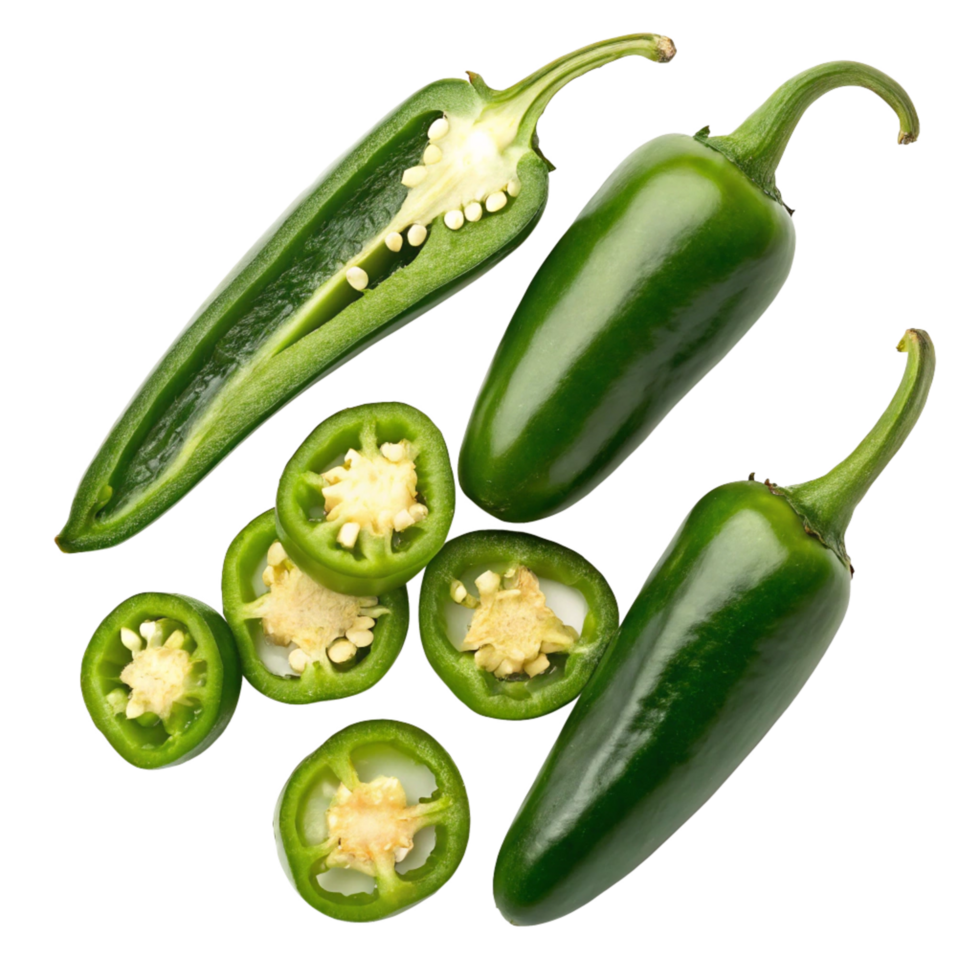 Closeup of vibrant green jalapeno peppers whole and sliced showcasing their texture and seeds png