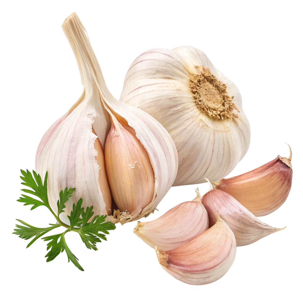 Fresh Garlic Cloves and Bulb with Parsley Sprig Isolated on Black Background png