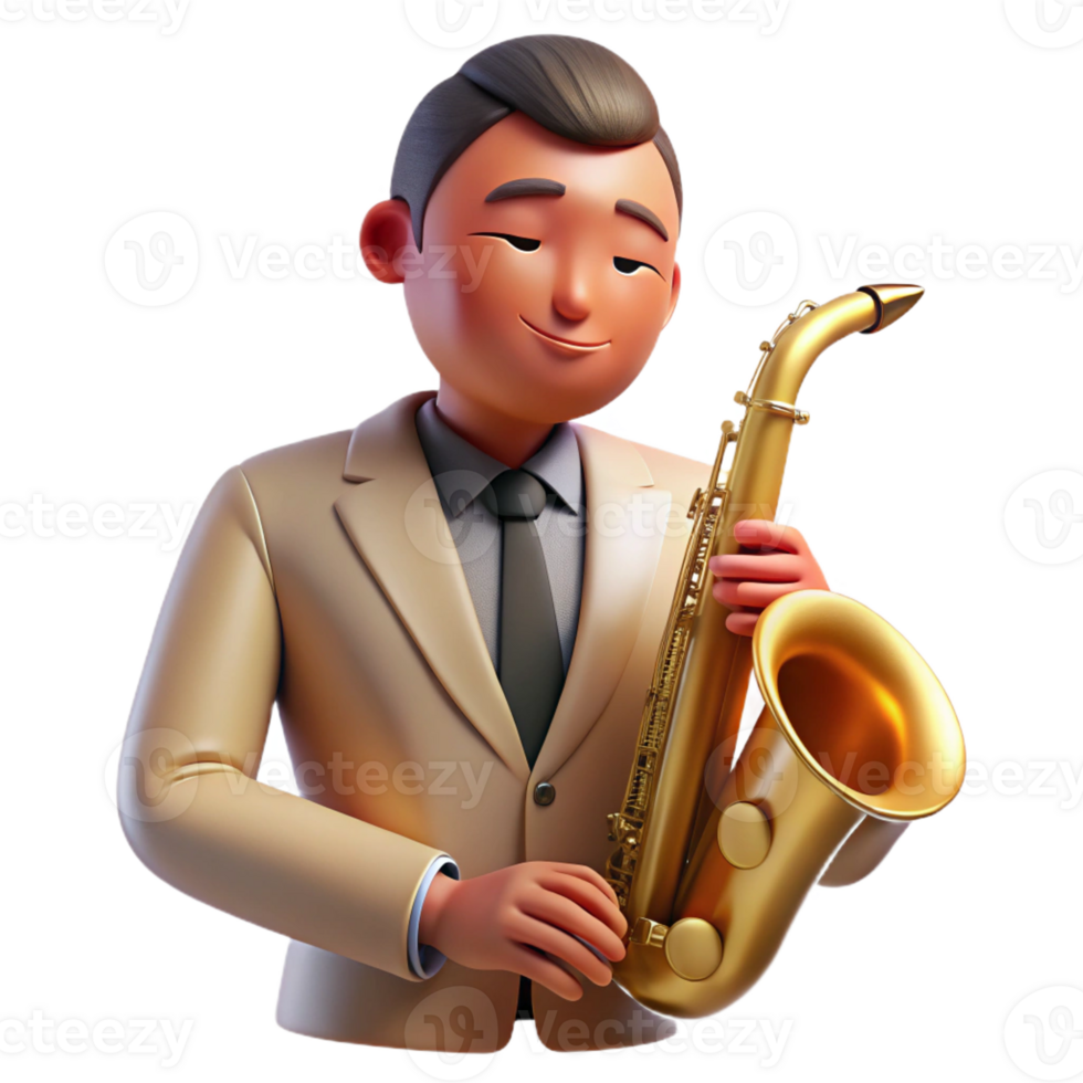 magnificent artistic Portrait of a musician with a soulful expression, holding a saxophone, illuminated by the warm glow of a jazz club stage, in a smooth, Art Deco style high quality png