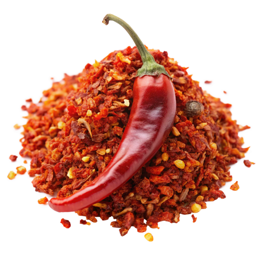 A vibrant red chili pepper rests atop a generous mound of its own crushed flakes, creating a visually stunning display of spice and flavor png
