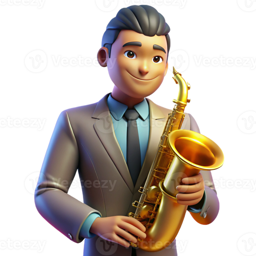 dramatic artistic Portrait of a musician with a soulful expression, holding a saxophone, illuminated by the warm glow of a jazz club stage, in a smooth, Art Deco style professional png
