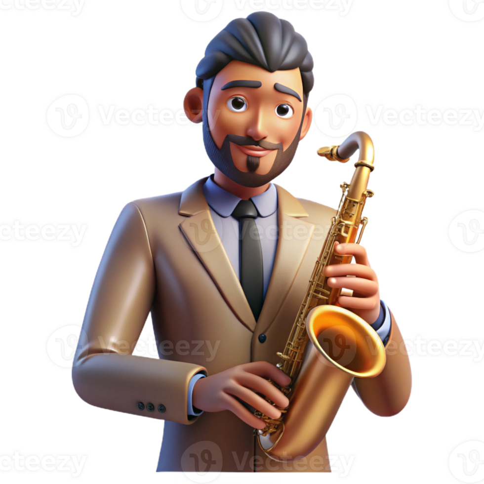 magnificent creative Portrait of a musician with a soulful expression, holding a saxophone, illuminated by the warm glow of a jazz club stage, in a smooth, Art Deco style detailed png