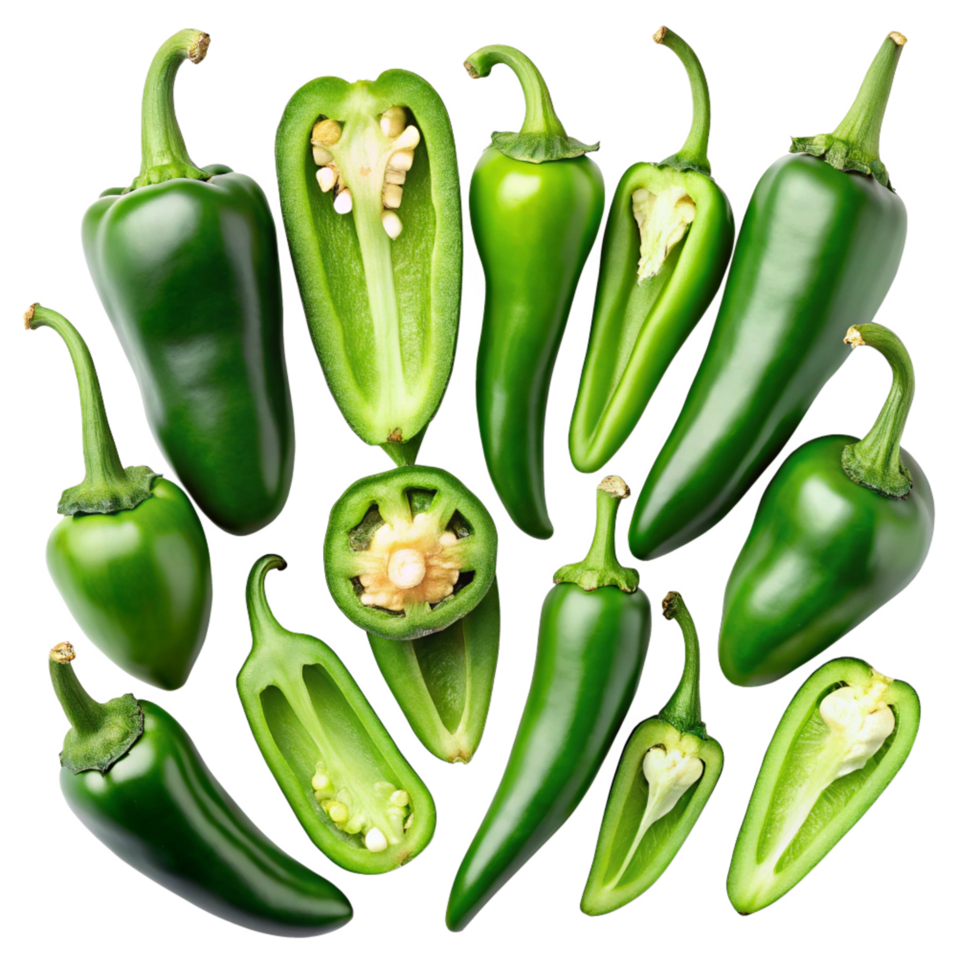 A Collection of Fresh Green Jalapeno Peppers Sliced and Whole, Isolated on Black Background png