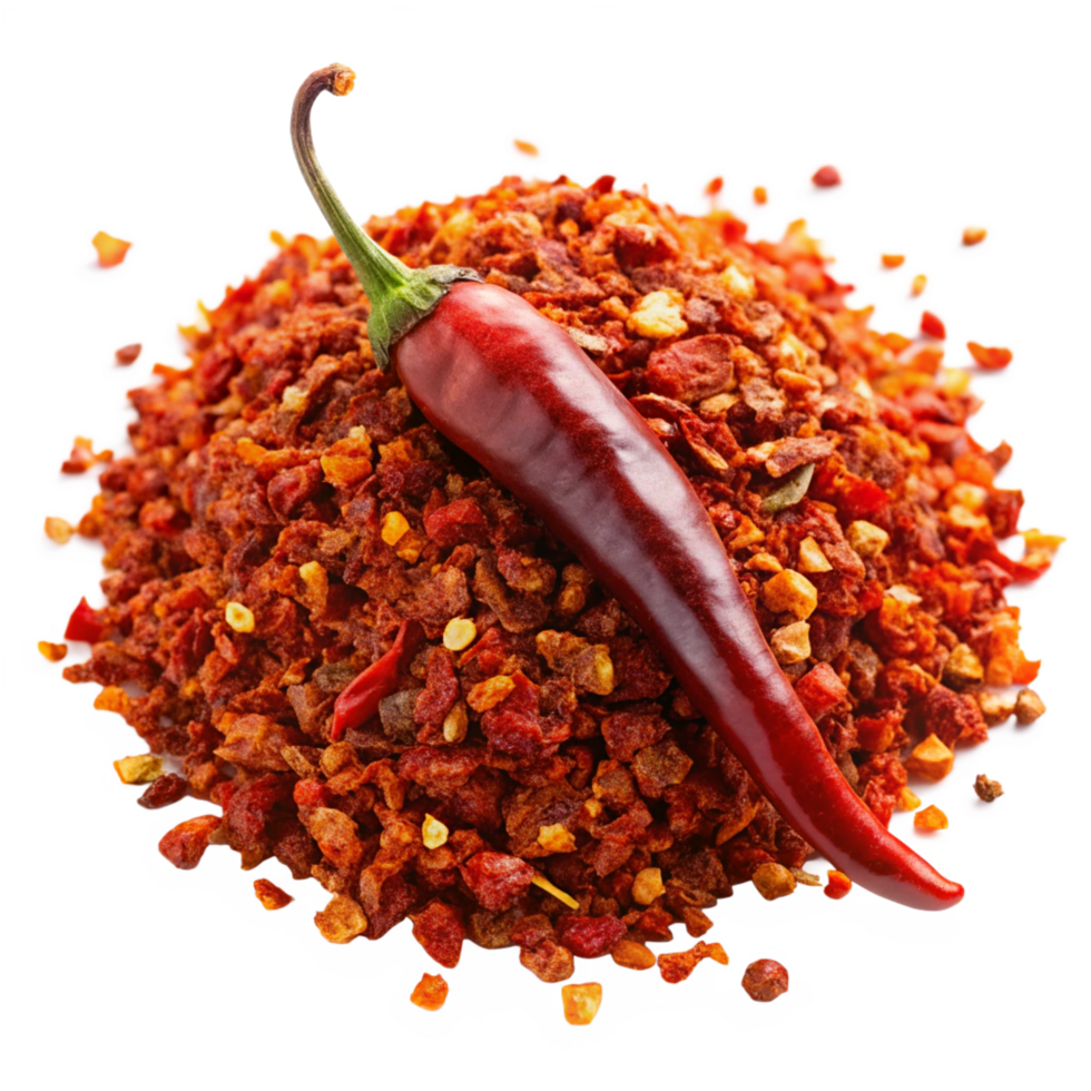 A single red chili pepper rests atop a pile of vibrant red chili flakes and pieces png