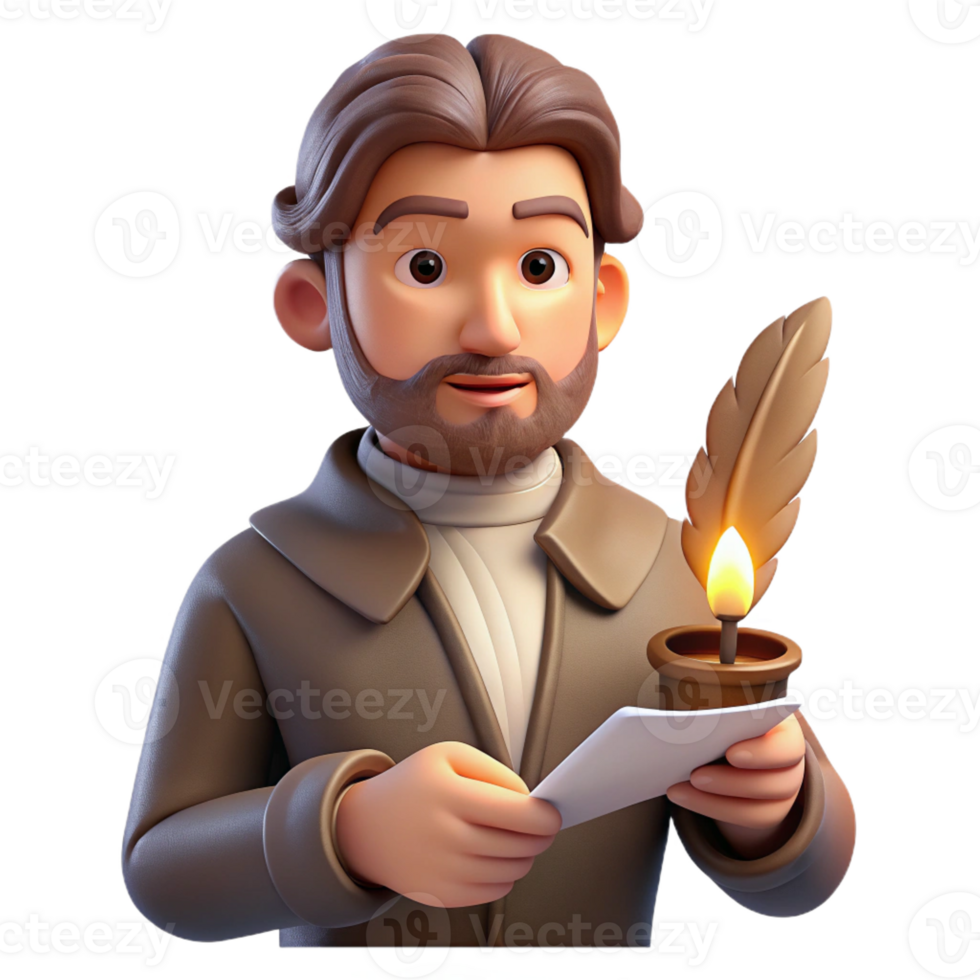 stunning abstract Portrait of a writer with a pensive expression, holding a quill and parchment, lit by the soft glow of a candle, in a vintage, Romantic style high quality png