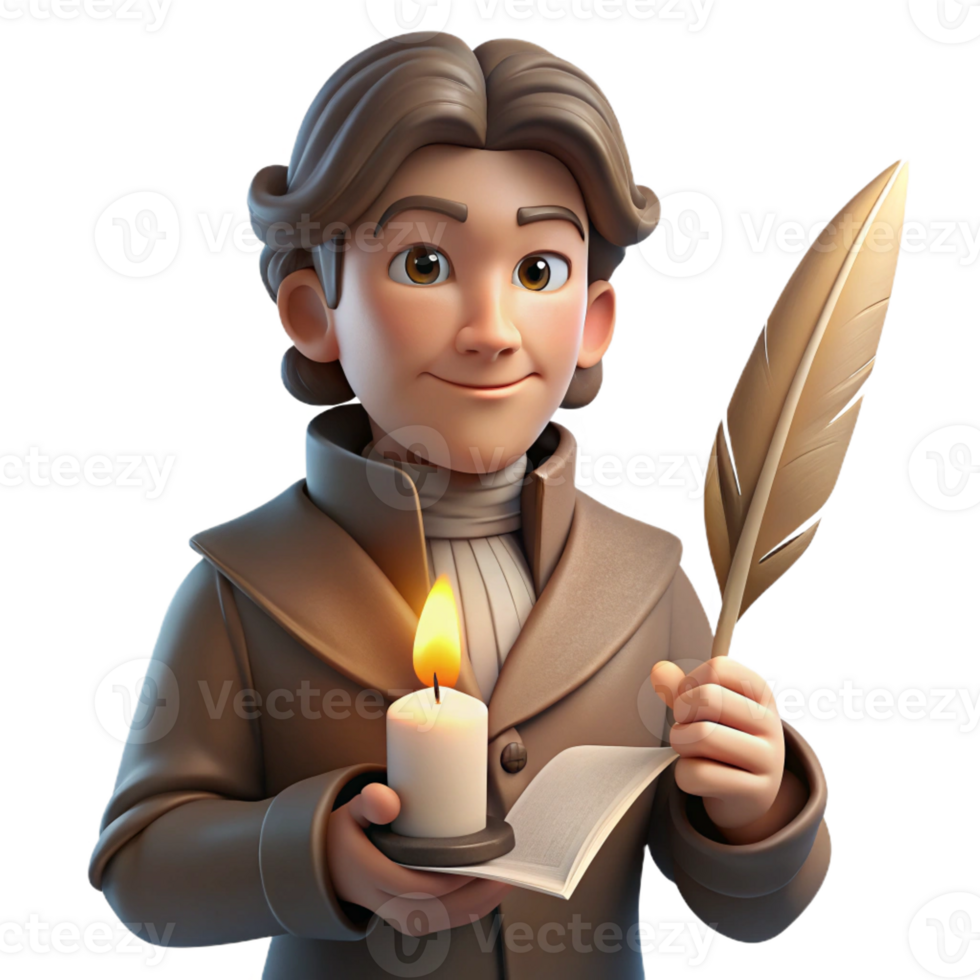 wonderful traditional Portrait of a writer with a pensive expression, holding a quill and parchment, lit by the soft glow of a candle, in a vintage, Romantic style 4K png