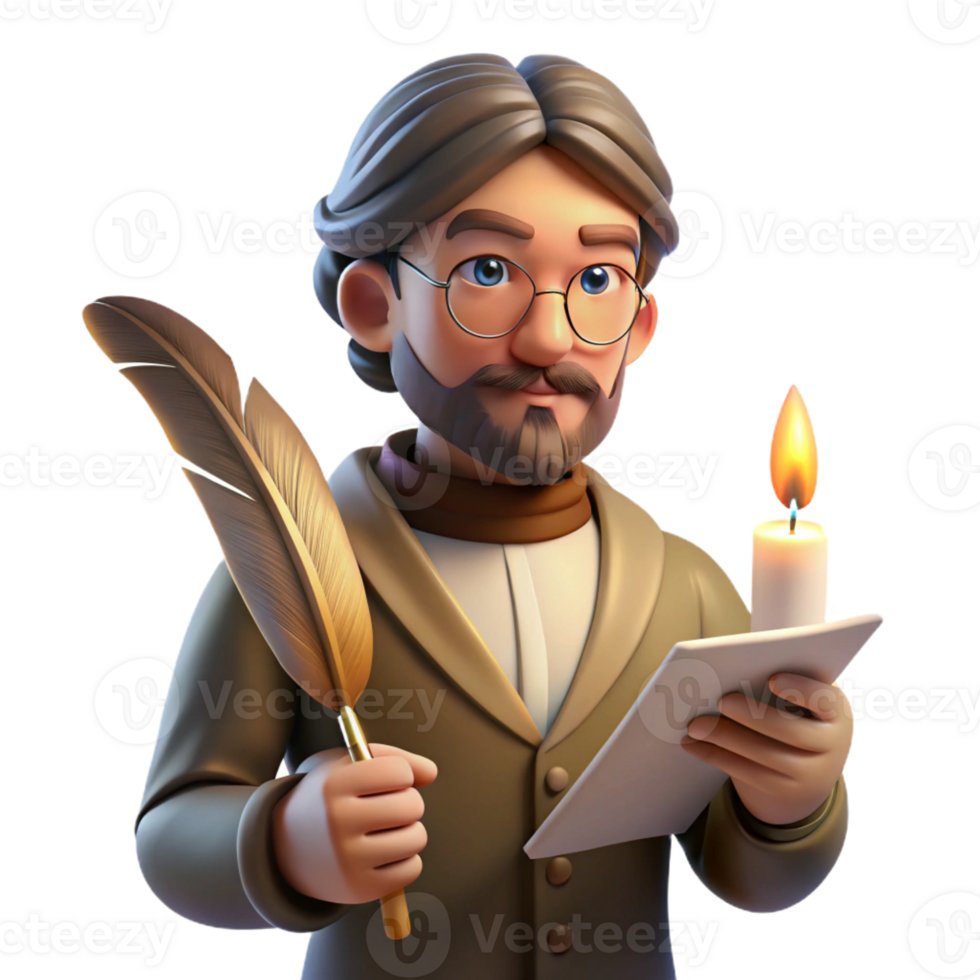 impressive contemporary Portrait of a writer with a pensive expression, holding a quill and parchment, lit by the soft glow of a candle, in a vintage, Romantic style premium png