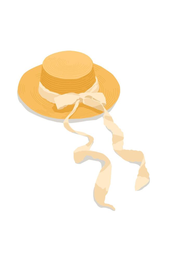 Straw hat with white ribbon decoration issolated on white background. Fashion accesories vector