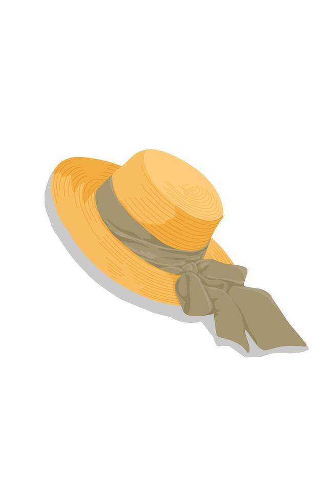 Straw hat with green ribbon decoration issolated on white background. Fashion accesories vector