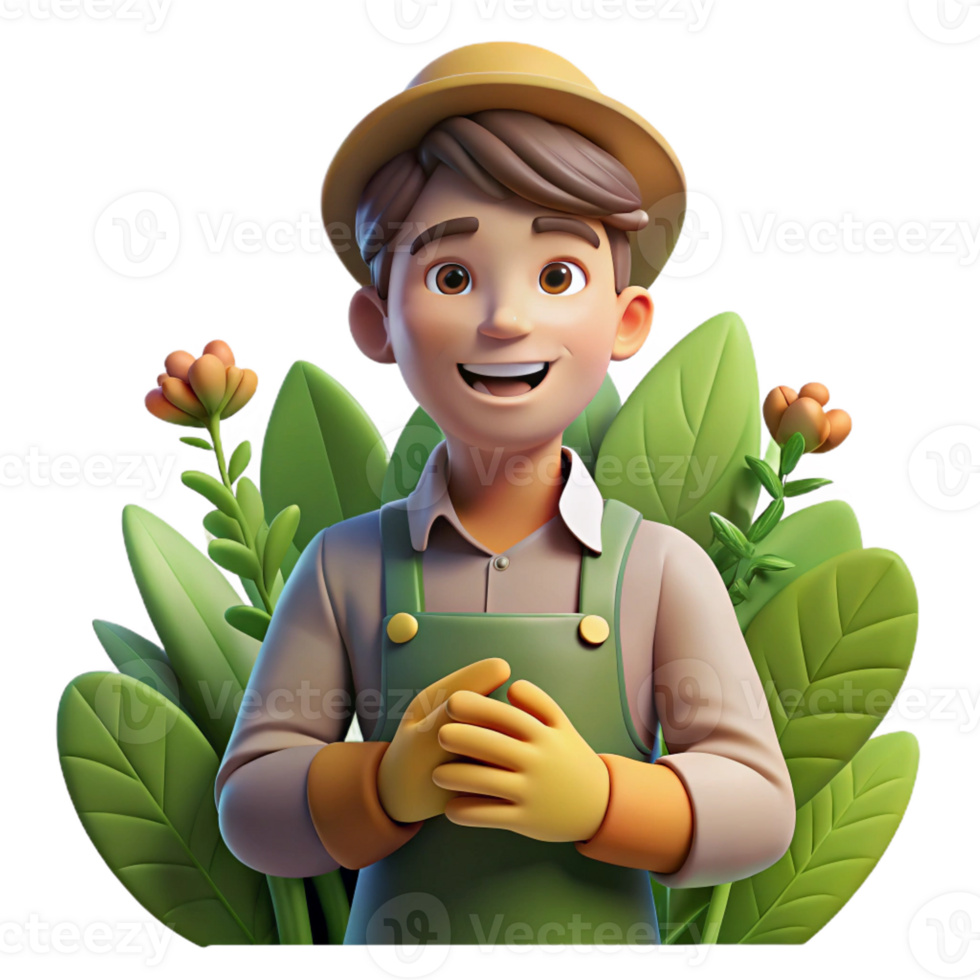 dramatic contemporary Portrait of a gardener with dirt-stained hands and a gentle smile, surrounded by lush greenery, lit by warm, dappled sunlight, in a botanical illustration style professional png