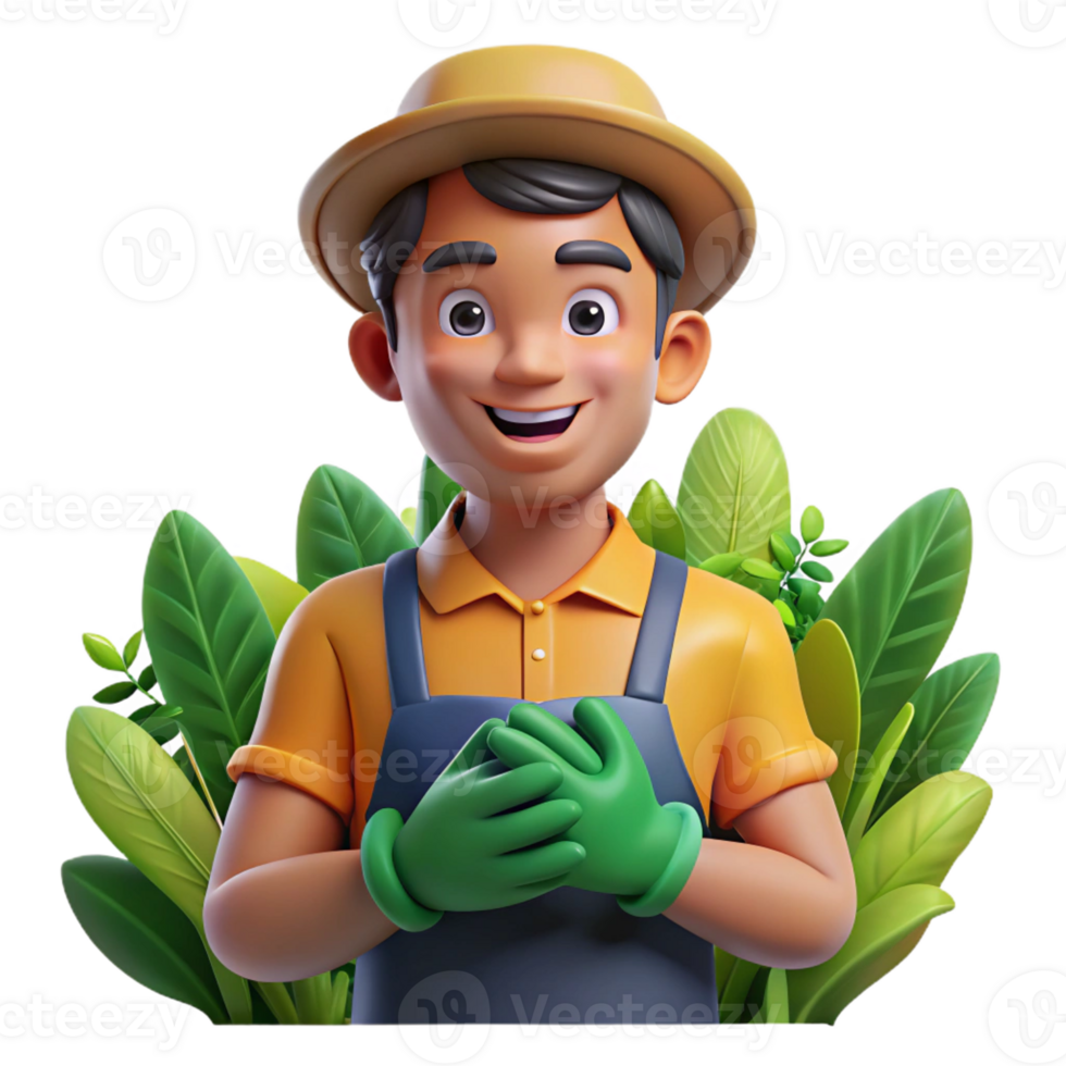 dramatic artistic Portrait of a gardener with dirt-stained hands and a gentle smile, surrounded by lush greenery, lit by warm, dappled sunlight, in a botanical illustration style high resolution png