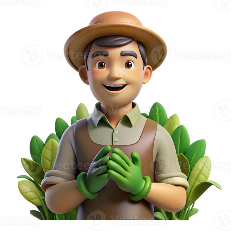 extraordinary classic Portrait of a gardener with dirt-stained hands and a gentle smile, surrounded by lush greenery, lit by warm, dappled sunlight, in a botanical illustration style original png