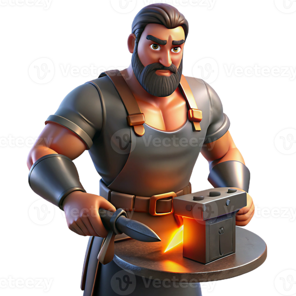 stunning rustic Portrait of a blacksmith with strong arms and a determined expression, working at a forge, illuminated by the fiery glow of the furnace, in a realistic, industrial style detailed png