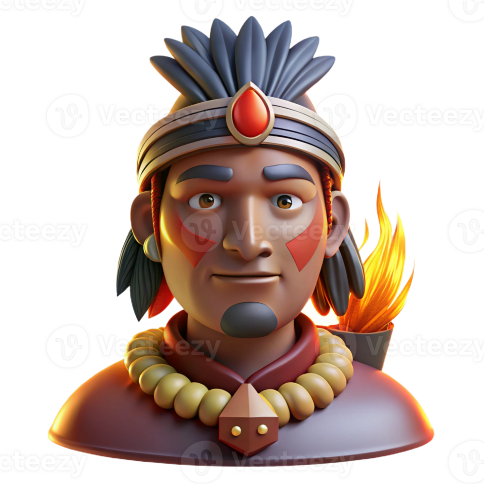 magnificent creative Portrait of a tribal chief with intricate face paint and traditional headdress, illuminated by the warm glow of a campfire, in a stylized, anthropological style detailed png