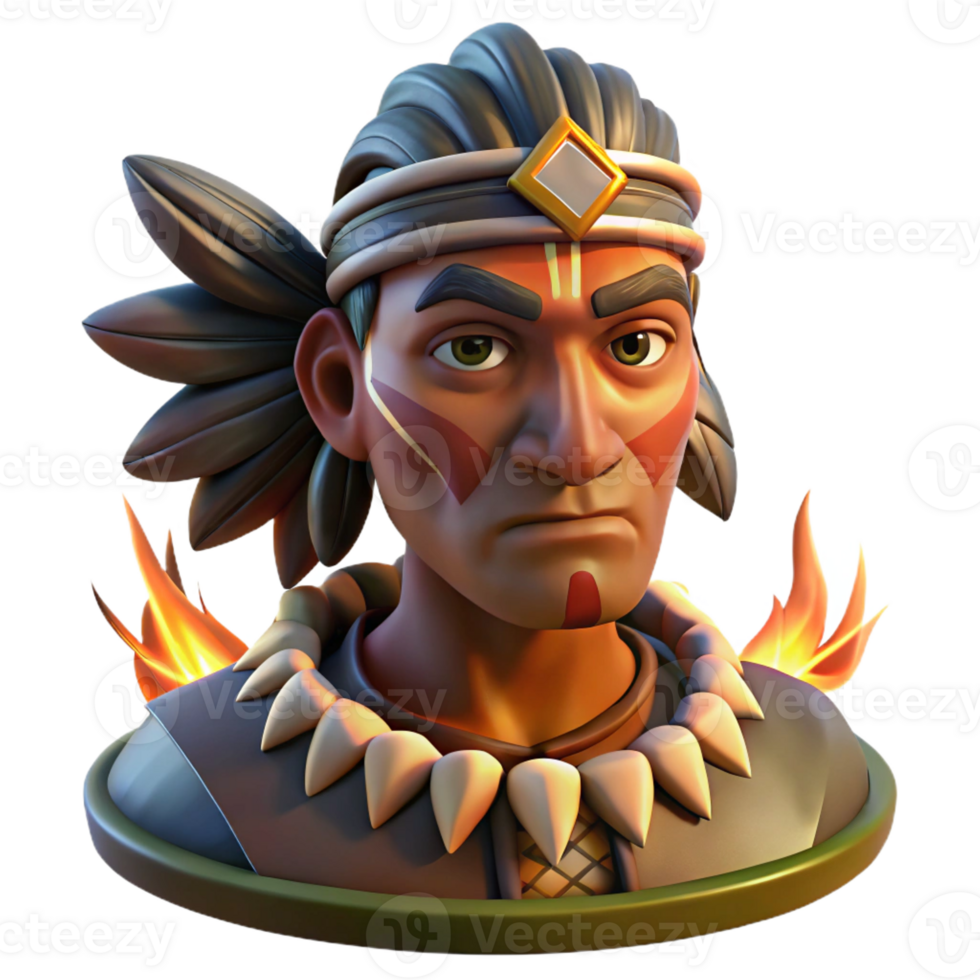 stunning contemporary Portrait of a tribal chief with intricate face paint and traditional headdress, illuminated by the warm glow of a campfire, in a stylized, anthropological style high resolution png